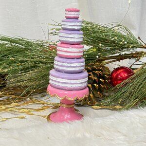 Pastel Christmas Macaron Tree on Pedestal Faux Sugar Sugared Topiary Pink  New